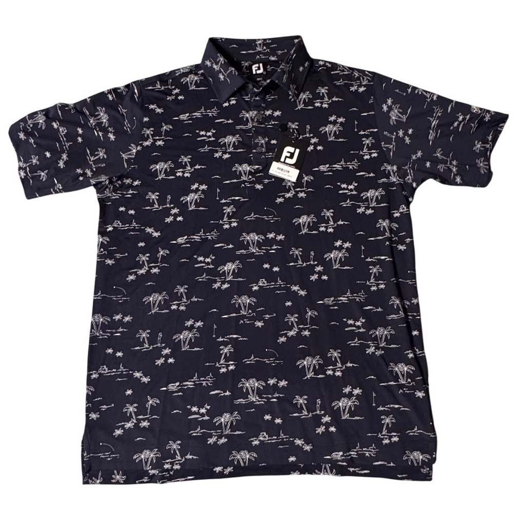 FootJoy Tropic Isle Golf Polo Shirt Navy Blue Palm Tree Print Mens Lrg NWT Logo - Picture 1 of 15